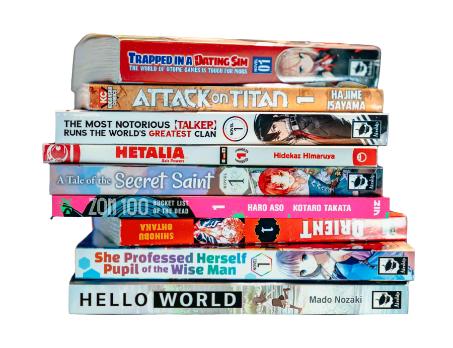 A stack of light novels next to an open Honsama box
